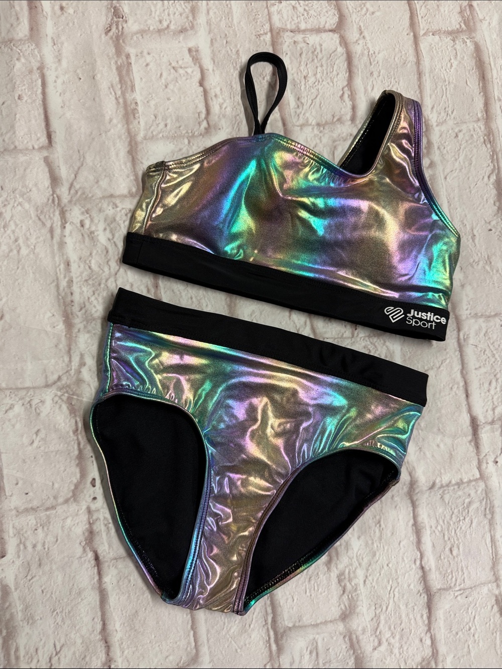 Justice Kids Iridescent Rainbow Holographic Bikini Set with Black Trim